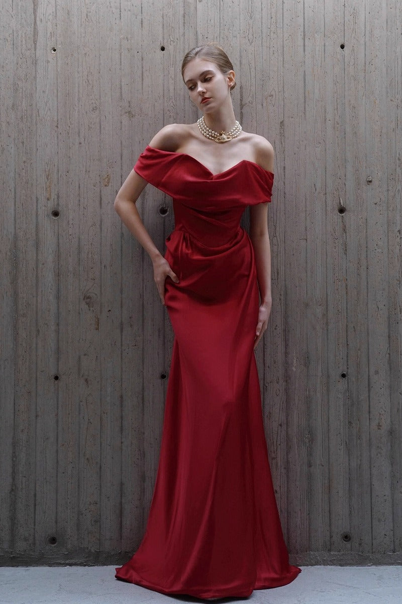 Satin Off Shoulder Sweetheart Draped Mermaid Prom Dress