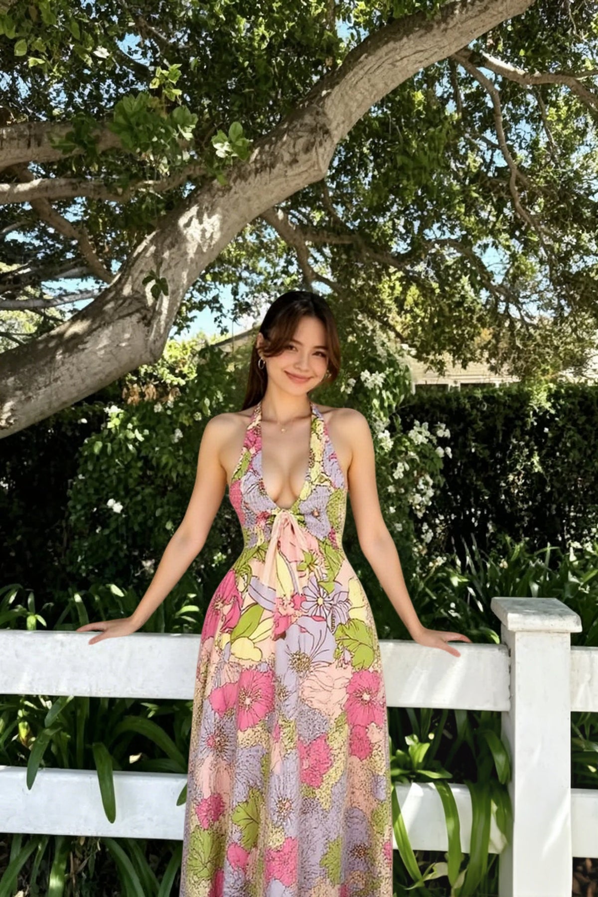 Floral Halter Neck Plunge Tie Front Maxi Dress