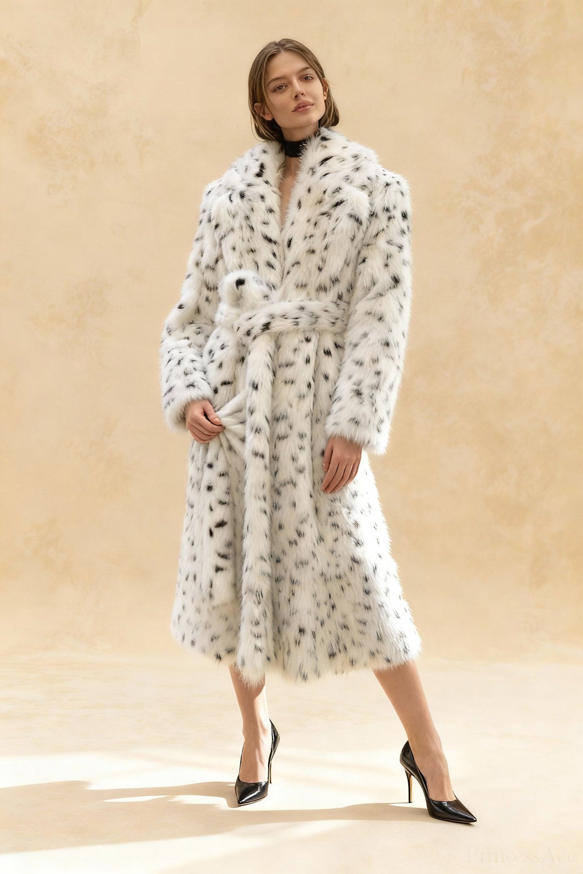 Leopard Print Warm Faux Fox Fur Notched Collar Loose
