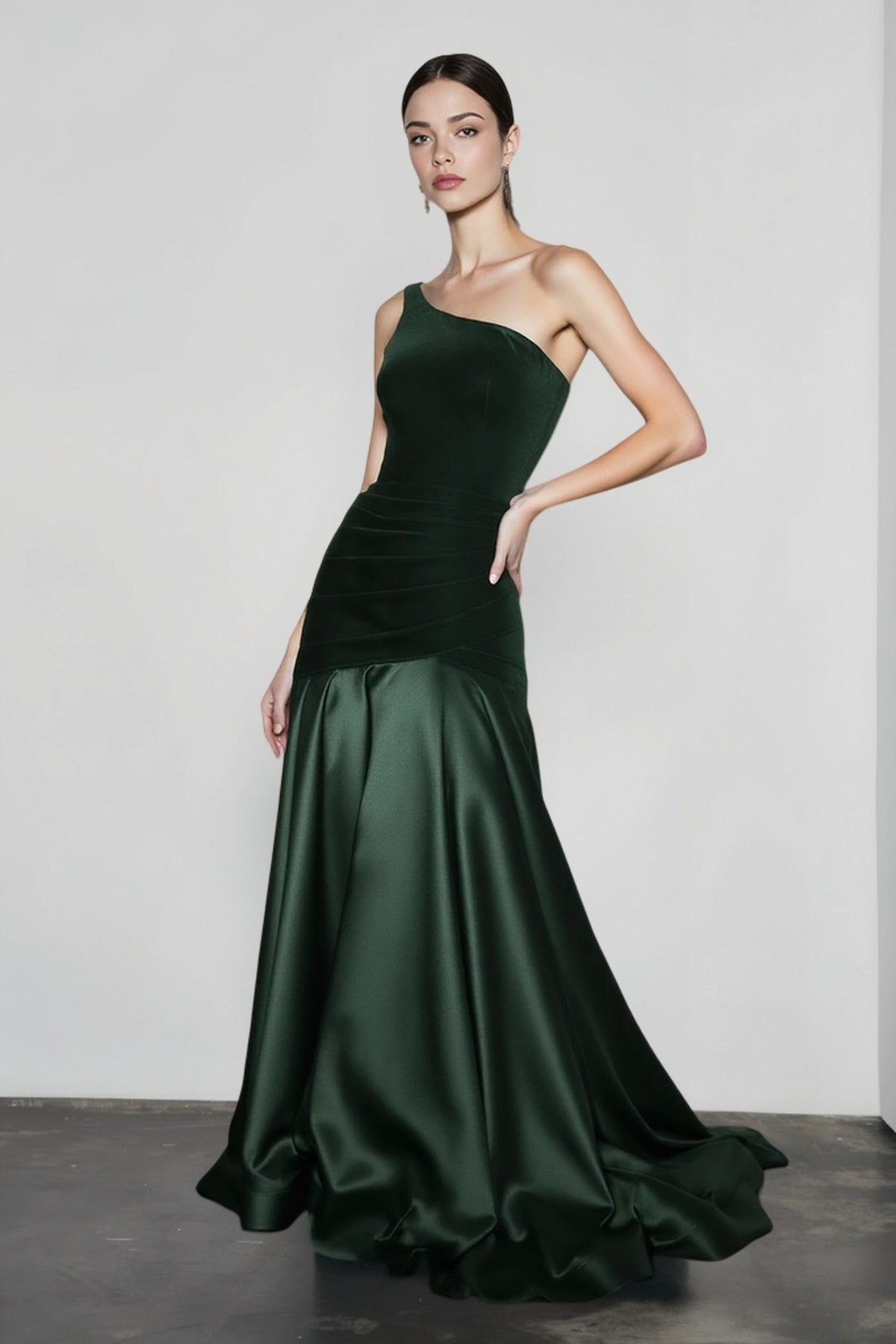 One Shoulder Ruched Velvet Satin Mermaid Gown 6