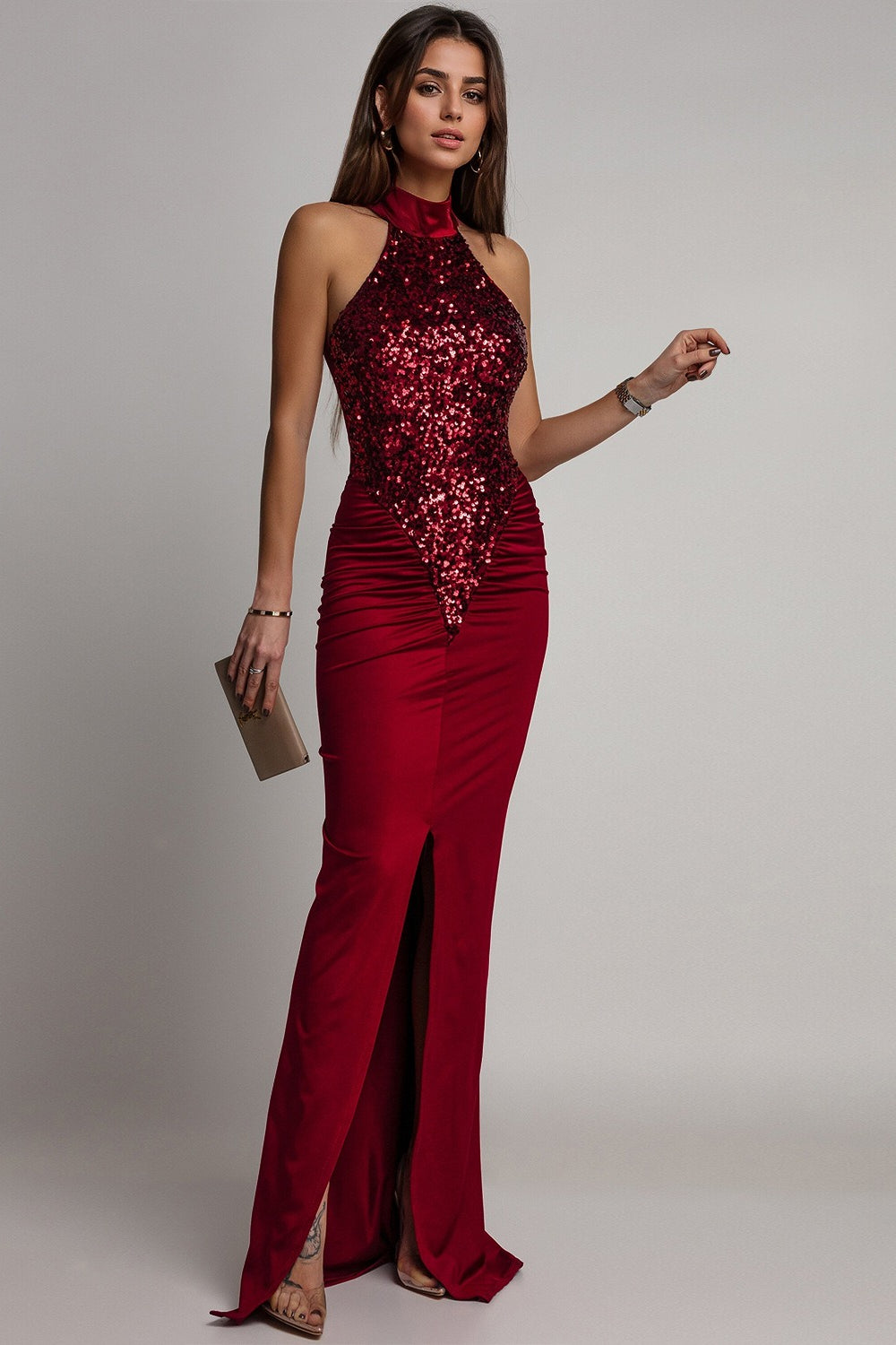 Sequin Halter Neck Ruched High Split Mermaid Gown - View 3