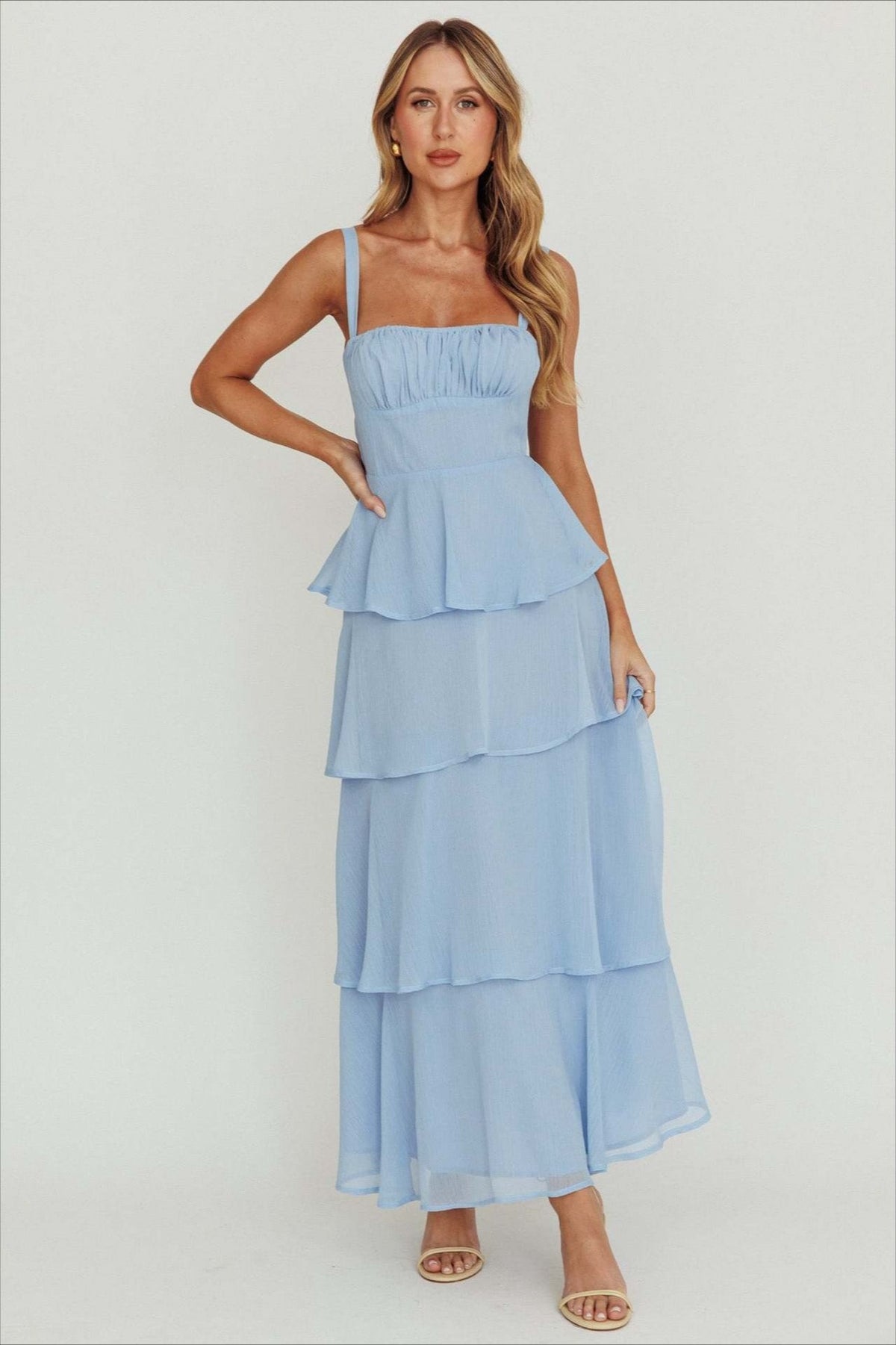 Spaghetti Strap Tiered Ruffle Backless Chiffon Maxi Dress - View 7
