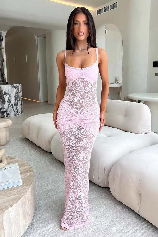 Scalloped Neck Spaghetti Strap Sheer Lace Bodycon Maxi Dress 5