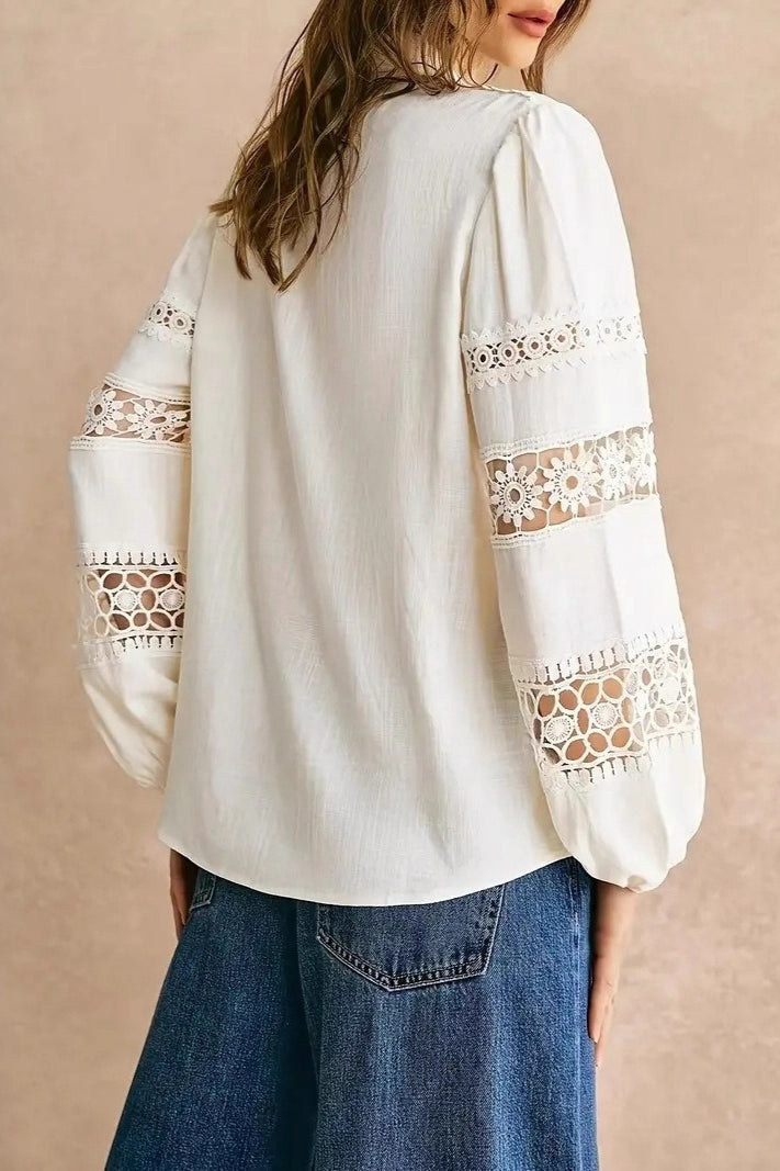 Lace Trim Hollow Out Ruffled Collared Workwear Blouse