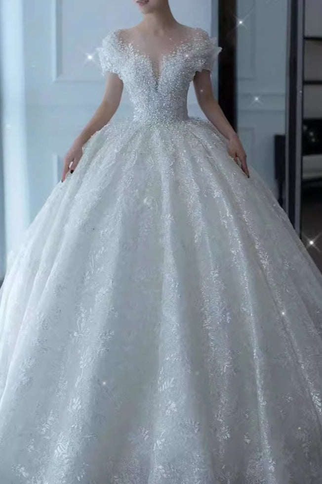 Pearl Beaded Sequin Lace Illusion Neck Off Shoulder Ball Gown - View 2