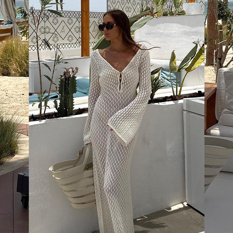 Crochet Deep V-Neck Bell Sleeve Fitted Maxi Dress - View 2