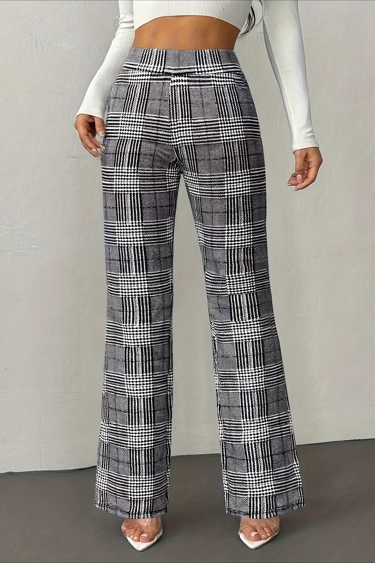 Houndstooth High Waist Slim Wool Wide Leg Pants