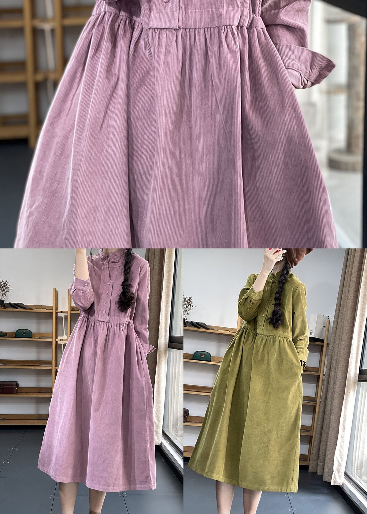 Corduroy Mock Neck Button Front Long Sleeve Pocket Midi Dress - View 5
