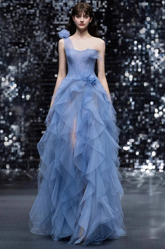 Tulle One Shoulder Bustier Tiered Ruffle Gown