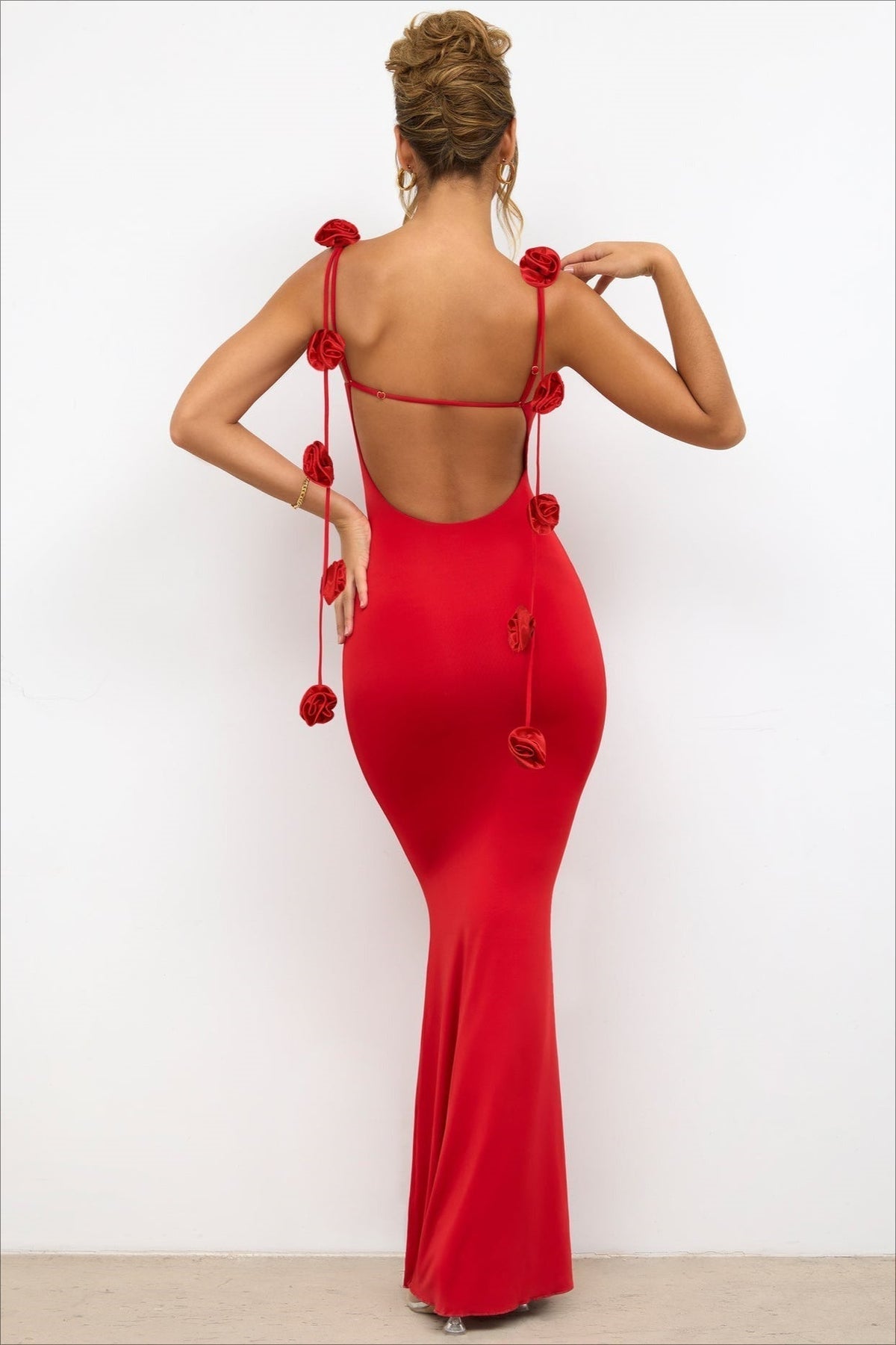 3D Floral Strappy Backless Mermaid Maxi Gown - View 6