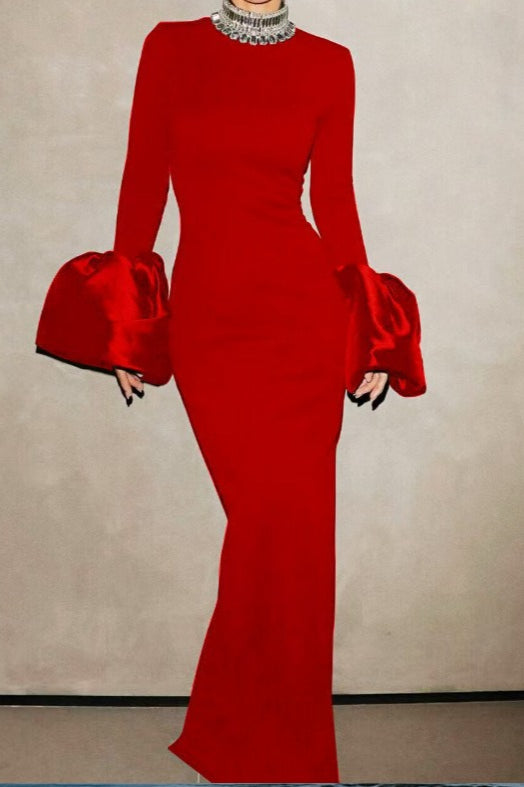 Rhinestone High Neck Puff Sleeve Bodycon Maxi Dress - View 8