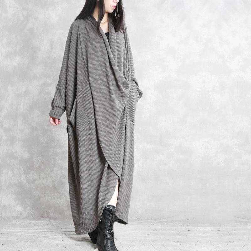 Waffle Knit Draped Cowl Wrap Front Long Sleeve Pocket Maxi Dress - View 2
