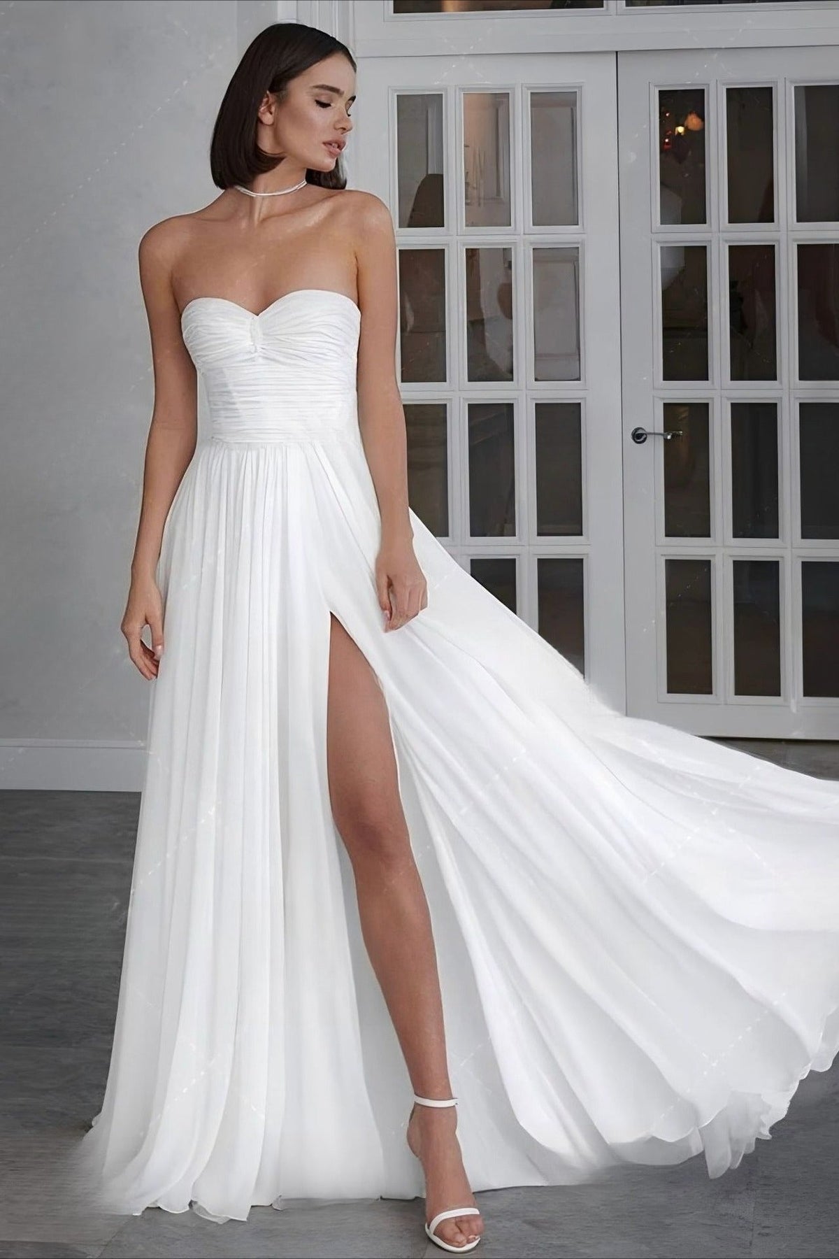 Chiffon Sweetheart Ruched High Split A-Line Prom Dress