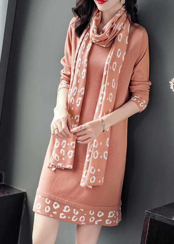 Animal Print Cuff Hem Long Sleeve Knit Dress Scarf Set - View 3