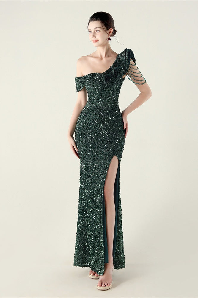 Sequin One Shoulder Ruffle High Split Mermaid Gown in Red - View 8