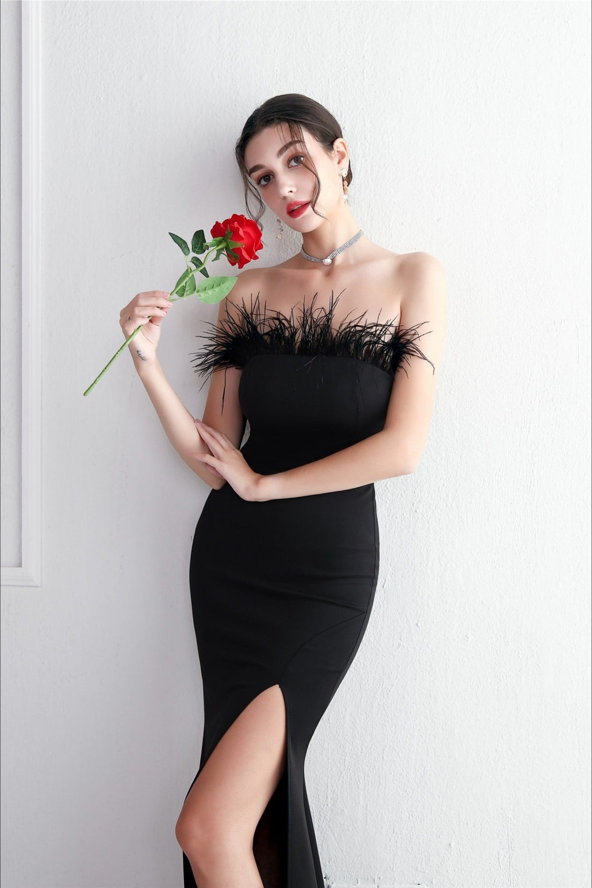 Feather Trim Strapless High Split Mermaid Gown 30