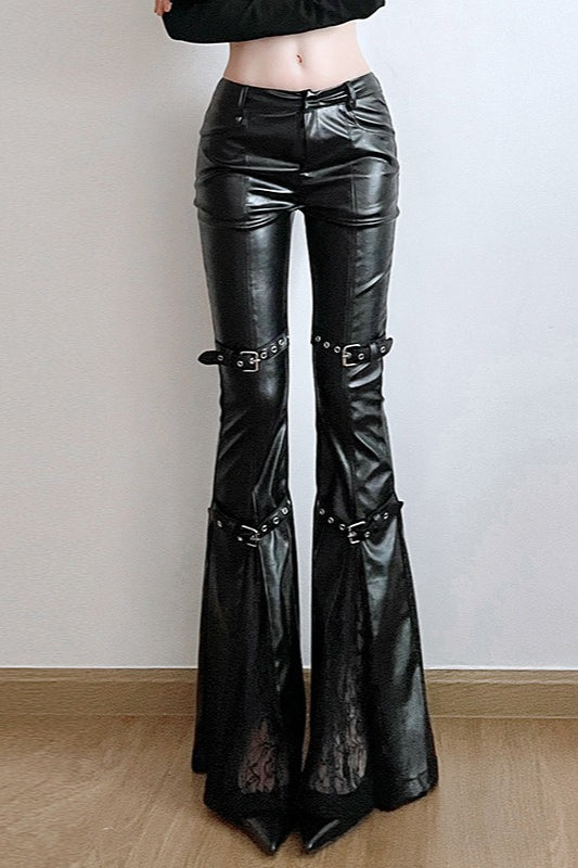 Gothic Eyelet Buckle Lace Panel Leather Flared Low Waist