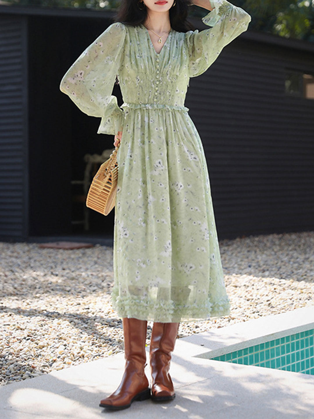 Floral Print V-Neck Button Front Smocked Waist Mini Dress - View 10