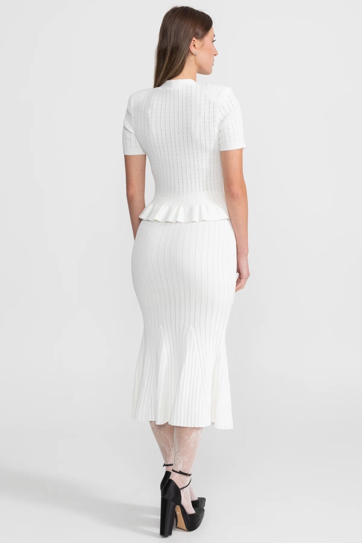Knit Midi Co-Ord with Peplum Waist and Gold Buttons  – White - View 3