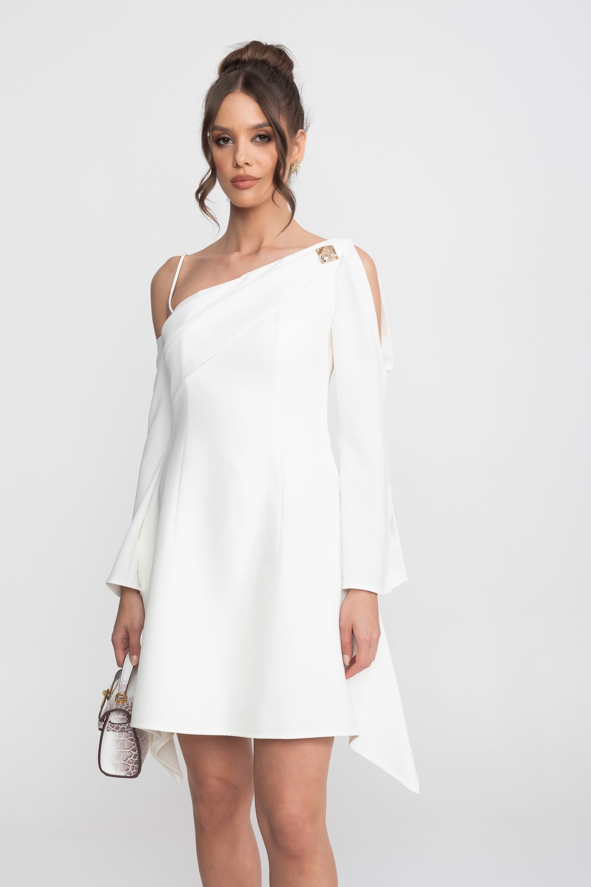 Asymmetric Cold-Shoulder Mini Dress - White