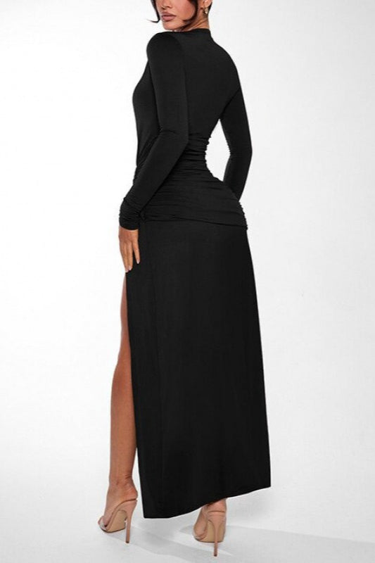 Deep V-Neck Long Sleeve Ruched High Split Bodycon Maxi Dress - View 3