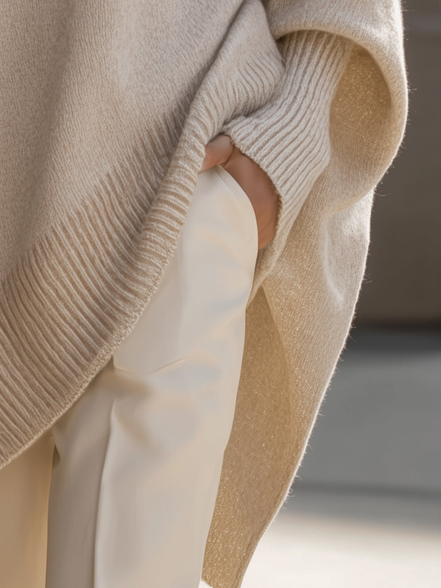 Crew Neck Oversized Asymmetric Hem Poncho Sweater 7