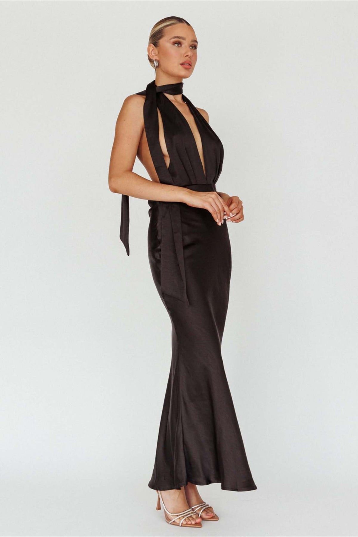 Satin Halter Neck Deep V-Neck Backless Slip Maxi Dress - View 8
