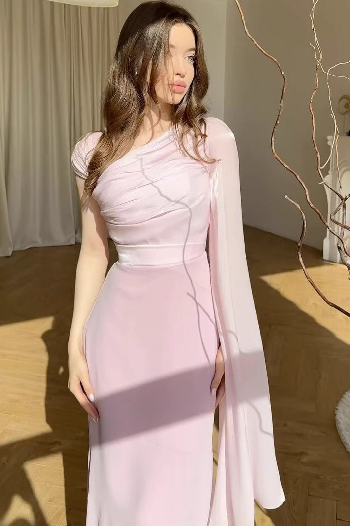 Chiffon One Shoulder Cape Sleeve Ruched High Slit Maxi Dress