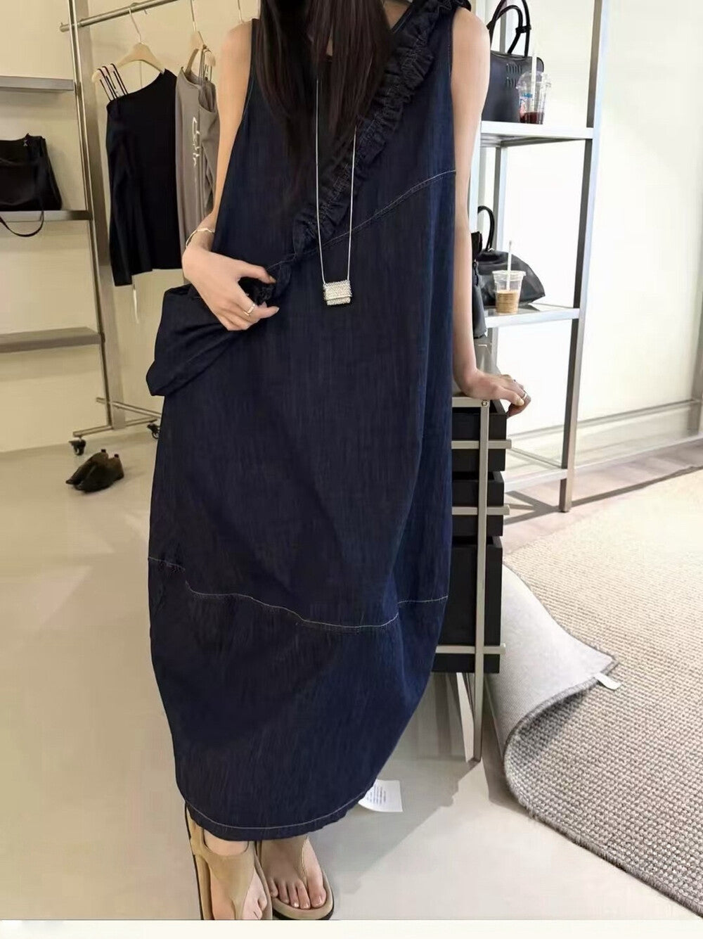Denim Sleeveless Ruffle Trim A-Line Maxi Dress 14