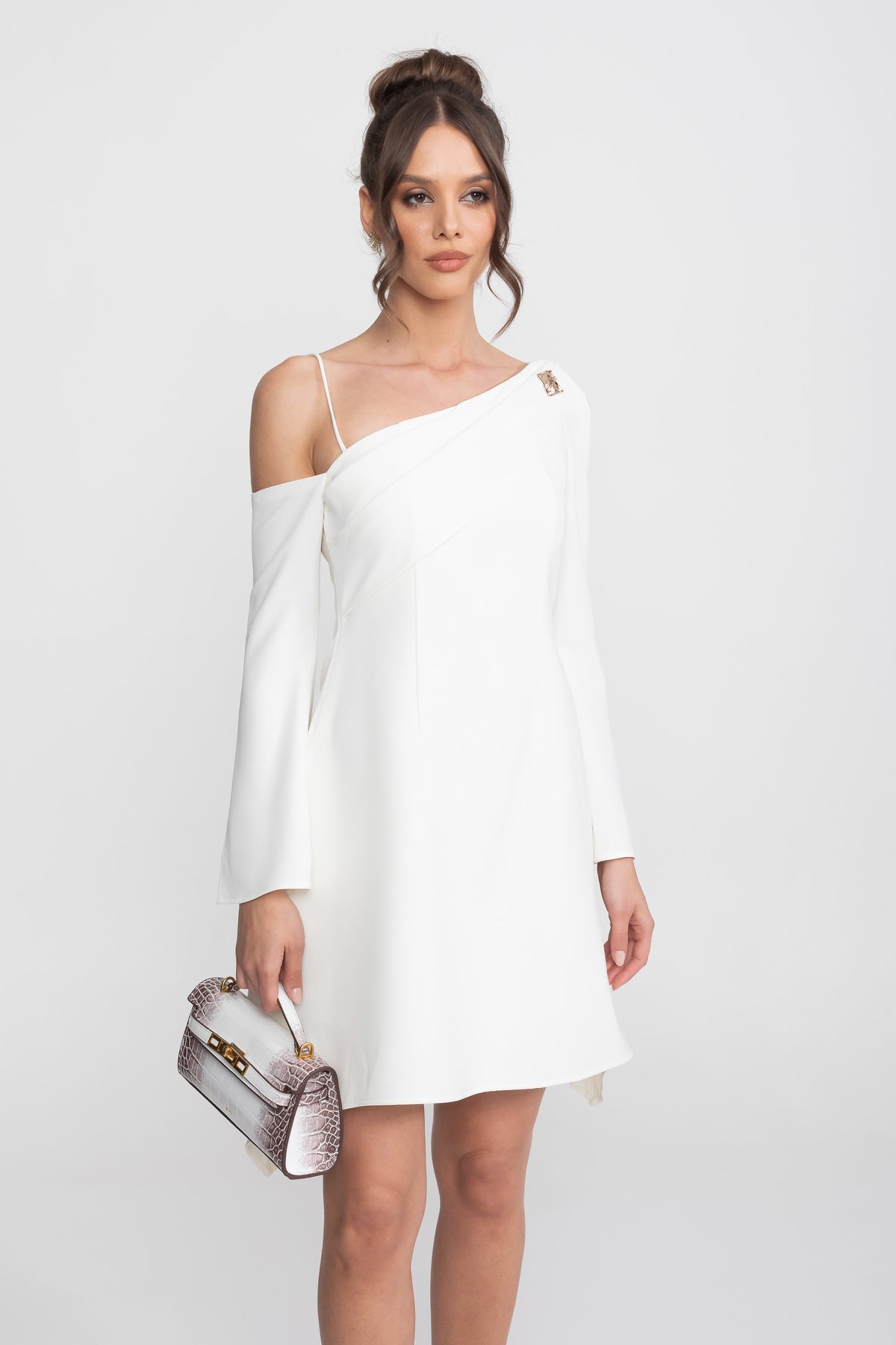 Asymmetric Cold-Shoulder Mini Dress - White - View 3