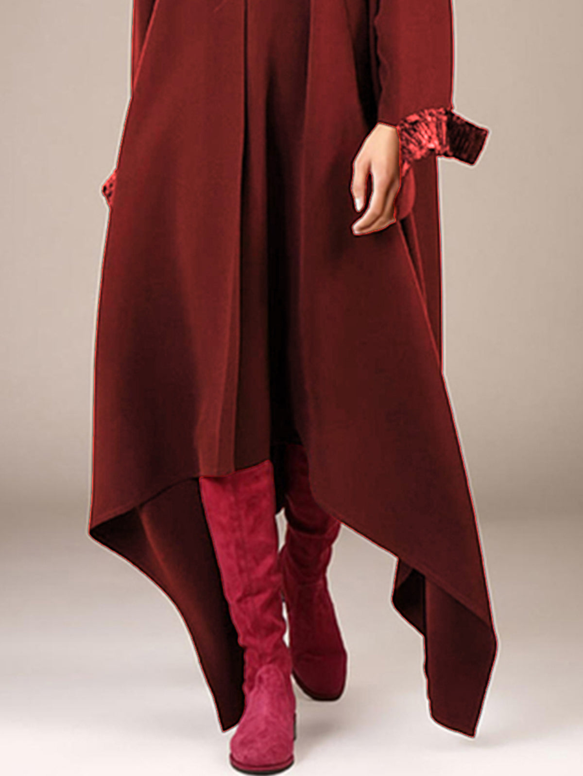 Zip Front Mock Neck Long Sleeve Contrast Cuff Midi Dress - View 6