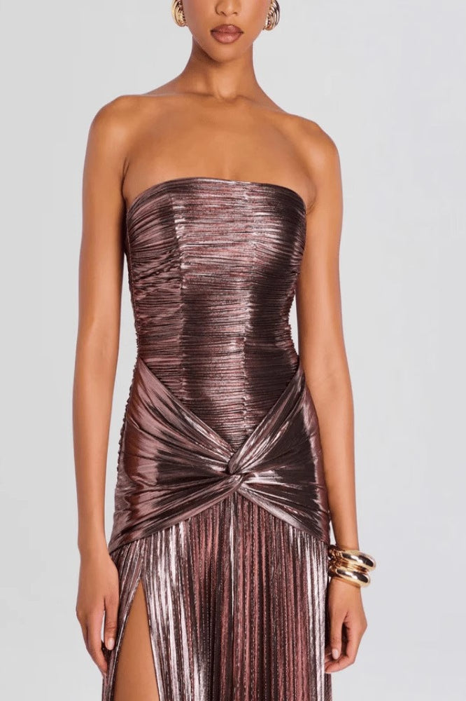 Metallic Strapless Ruched High Split Bodycon Formal Mini Dress - View 3