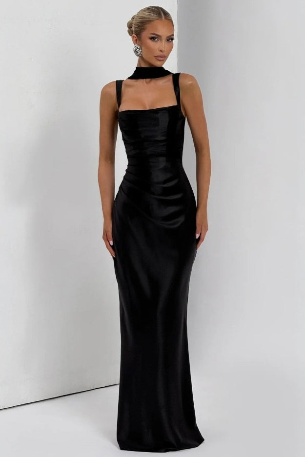 Square Neck Ruched Satin Bodycon Mermaid Dress - View 10