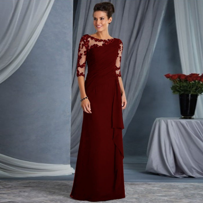 Lace Illusion Boat Neck Three Quarter Sleeve Ruched Maxi Gown