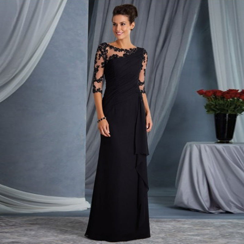 Lace Illusion Boat Neck Three Quarter Sleeve Ruched Maxi Gown - View 6
