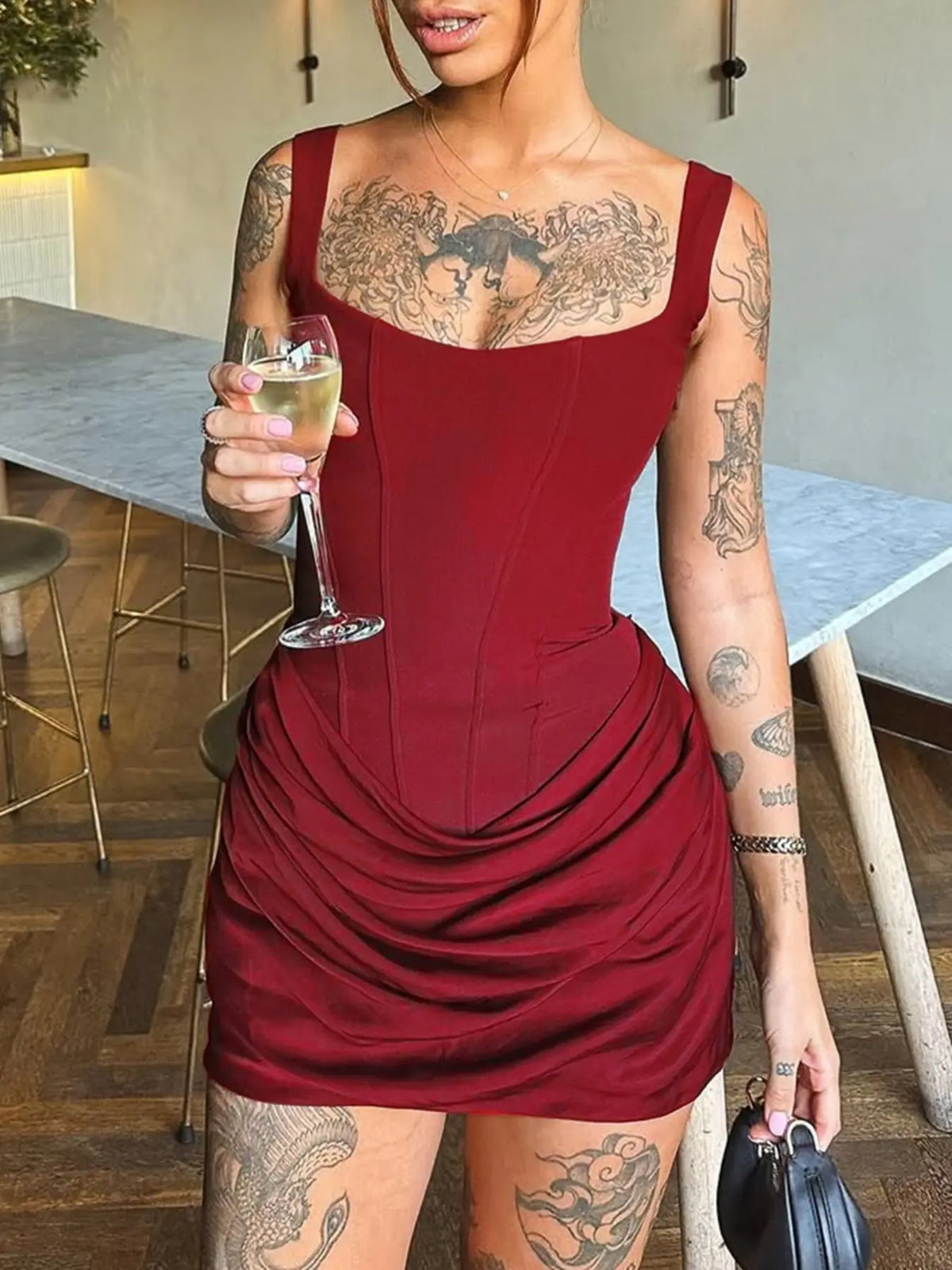 Ruched Square Neck Sleeveless Bodycon Mini Dress 7