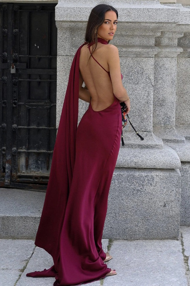 Satin One Shoulder Cape Backless Mermaid Maxi Prom Dress - View 8