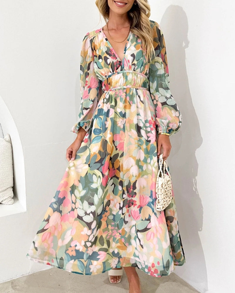 Floral Chiffon Deep V-Neck Long Sleeve Cut Out Maxi Dress
