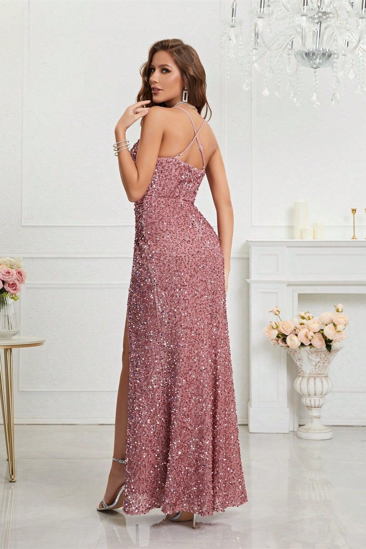 Spaghetti Strap Sweetheart Sequin Ruched High Split Mermaid Gown 3
