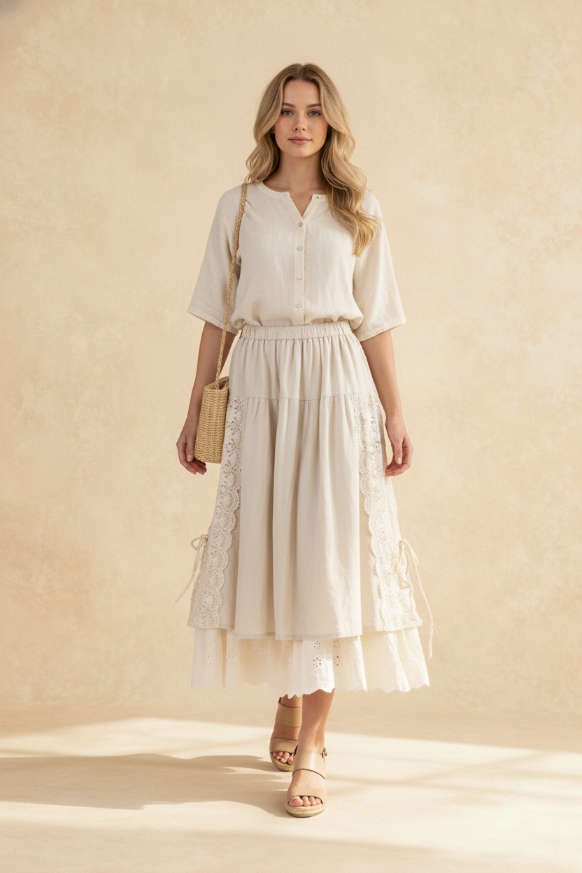 Sweet Japan Style Mori Lace Stitched Linen Skirt