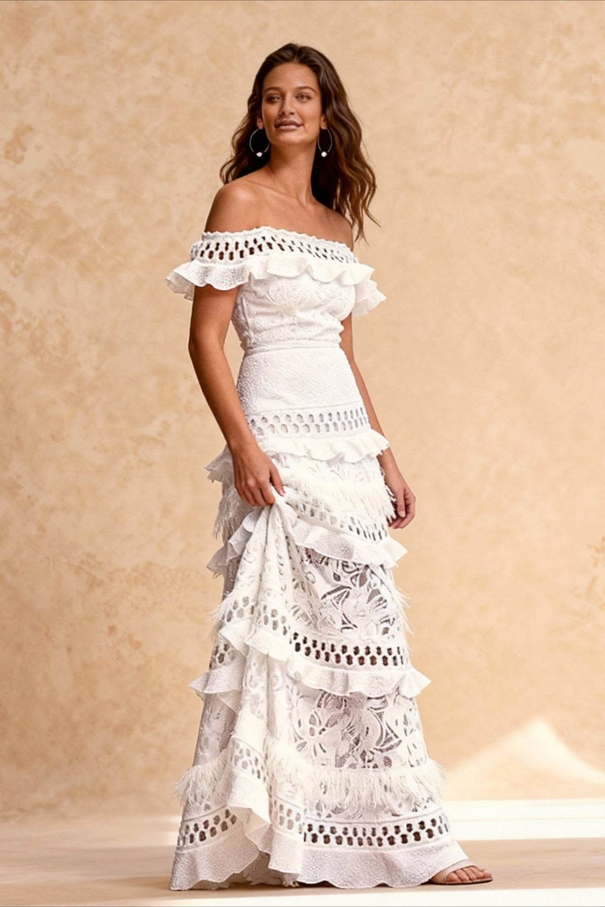 One-Shoulder Ruffled Hollow Swing Graceful Lace Patchwork Long Dress - View 3
