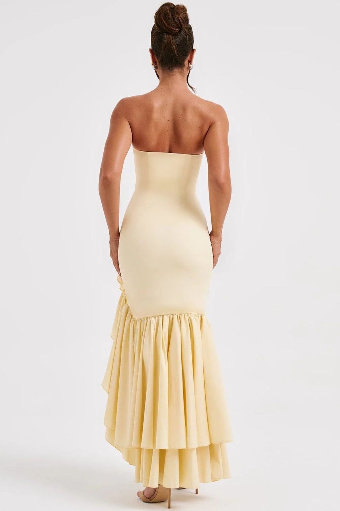 Strapless Contrast Ruffle High Low Bodycon Maxi Dress 3
