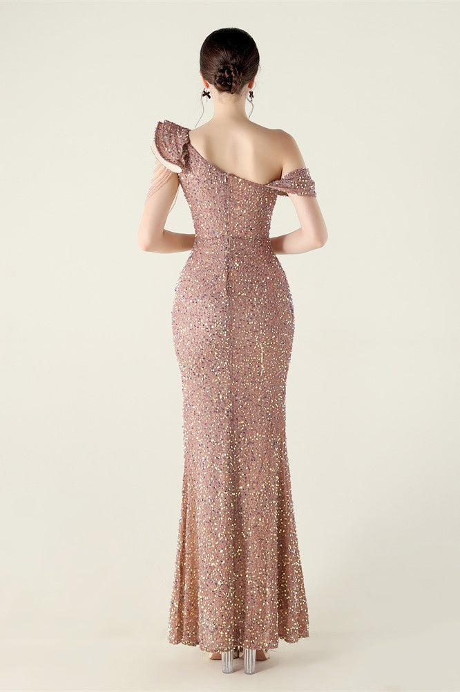 Sequin One Shoulder Ruffle High Split Mermaid Gown in Red - View 18