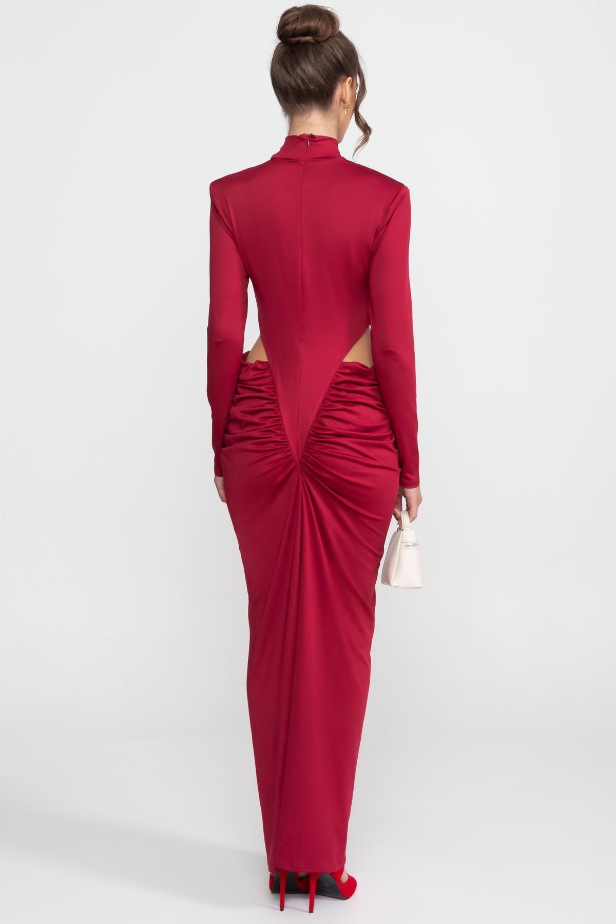 Mock Neck Long Sleeve Side Cut Out Ruched Column Maxi Gown - View 3