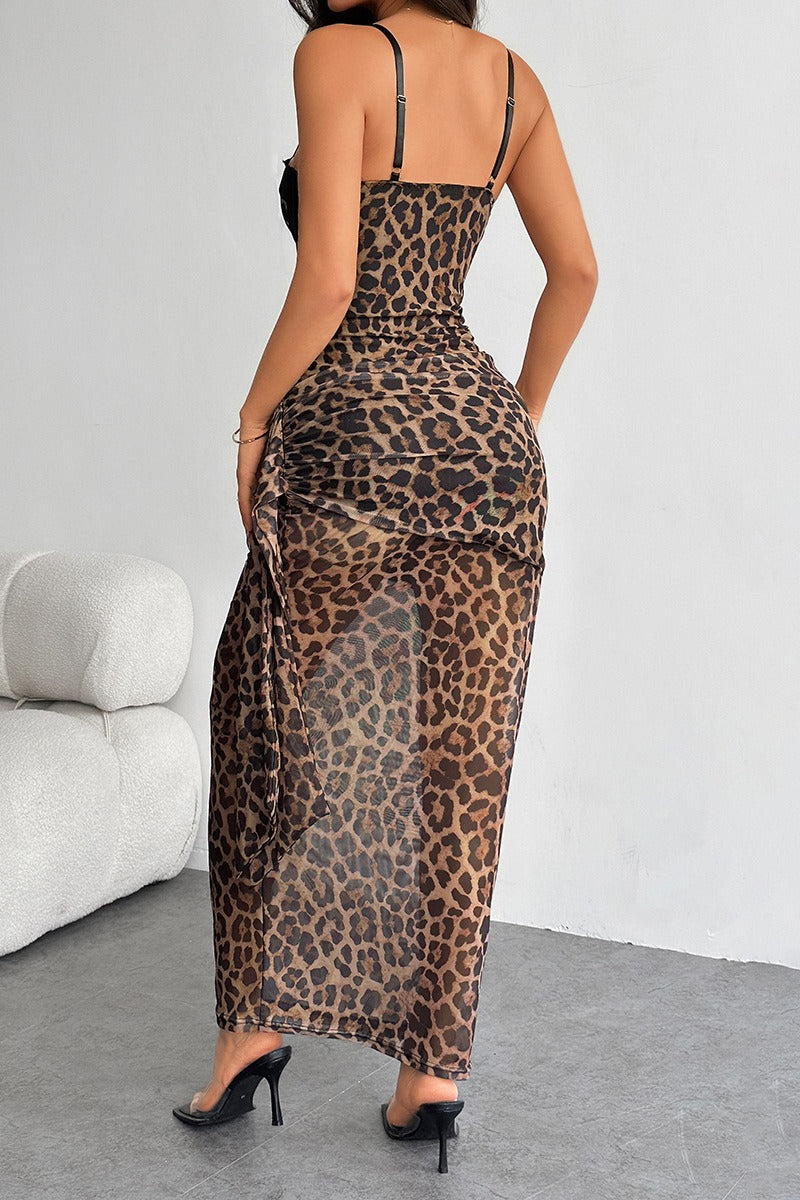 Leopard Print Lace Tube Top Bodycon Dress - View 2