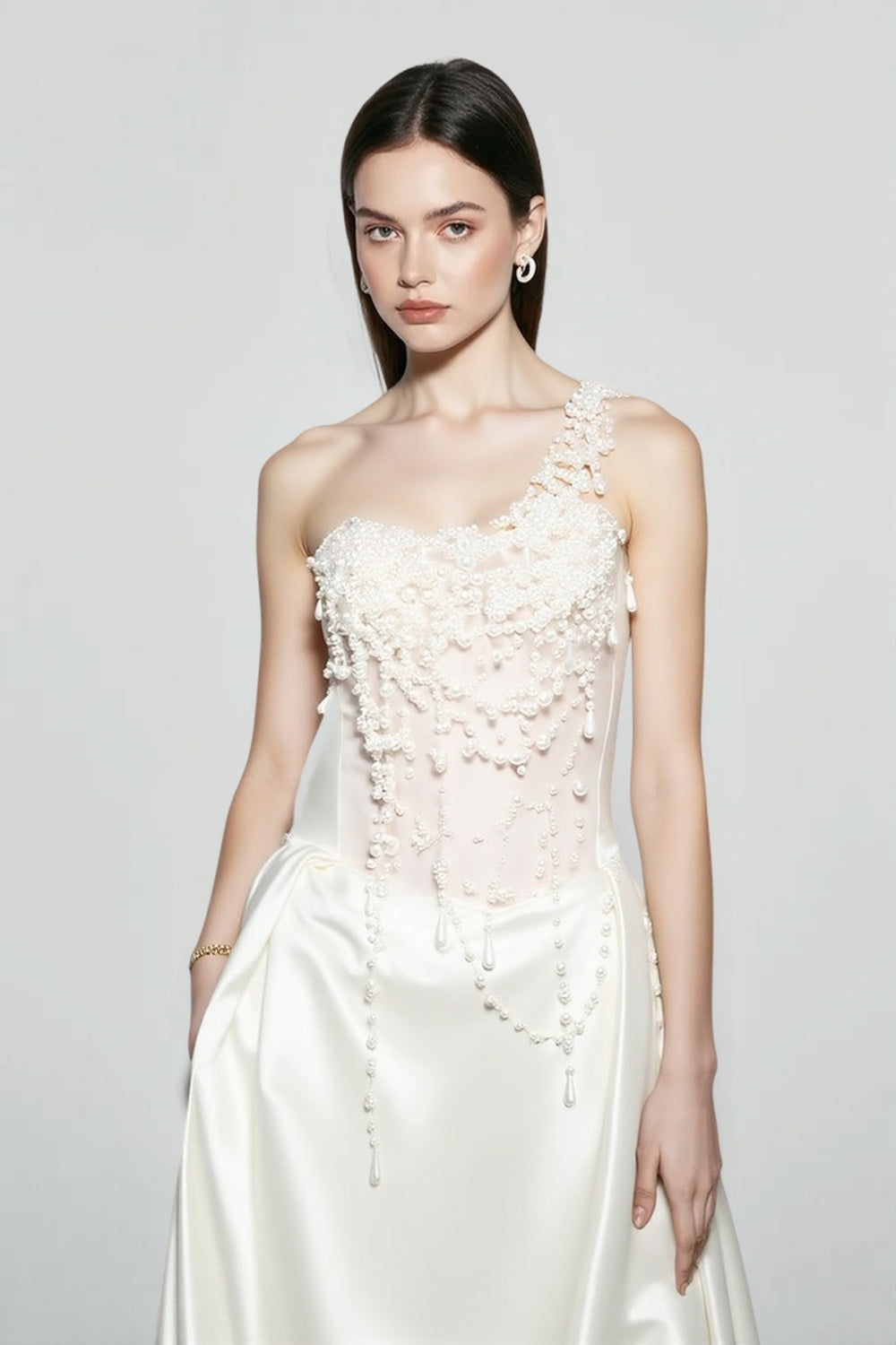 One Shoulder Pearl Beaded Corset Satin Maxi Gown