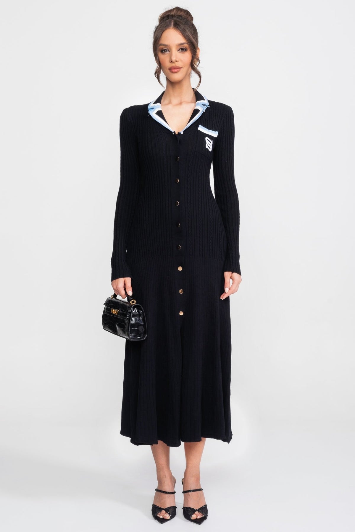 Long Sleeve Knit Midi Dress - Black - View 3