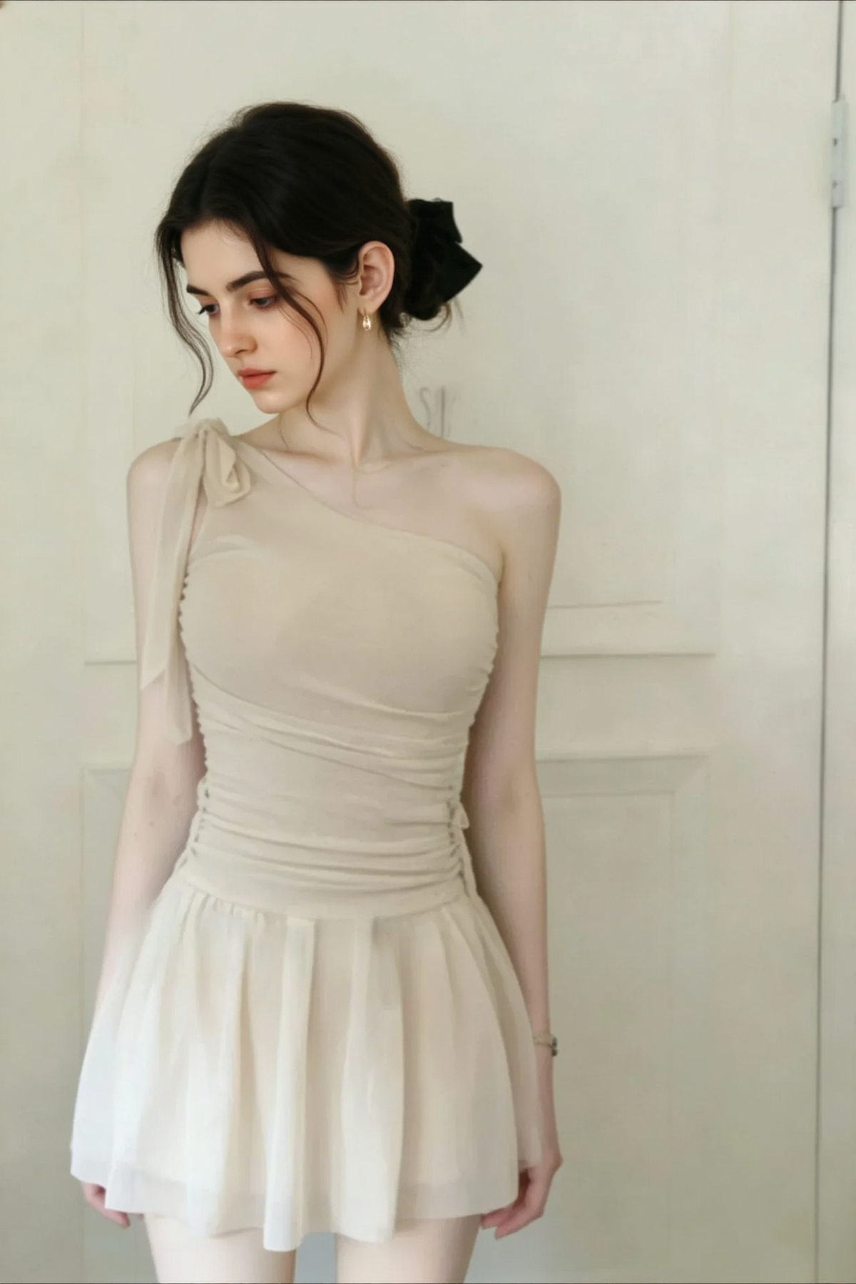 Romantic Solid Waist Cinch One Shoulder Bow One Piece