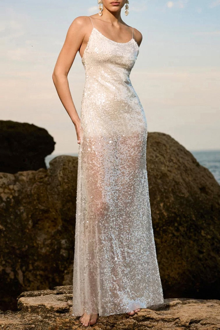 Sequin Spaghetti Strap Low Back Slip Maxi Dress