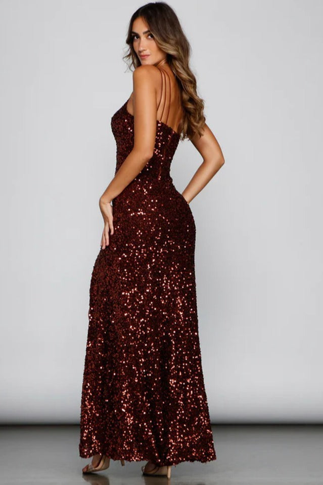 Sequin One Shoulder Pearl Beaded High Split Mermaid Gown - View 9